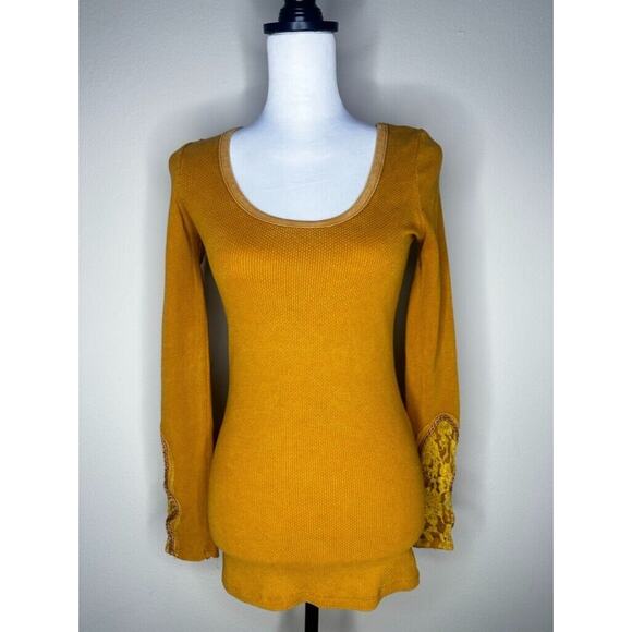Y2K Free People Mustard Yellow Synergy Thermal Crochet Cuff Lace Knit XS - Picture 2 of 13